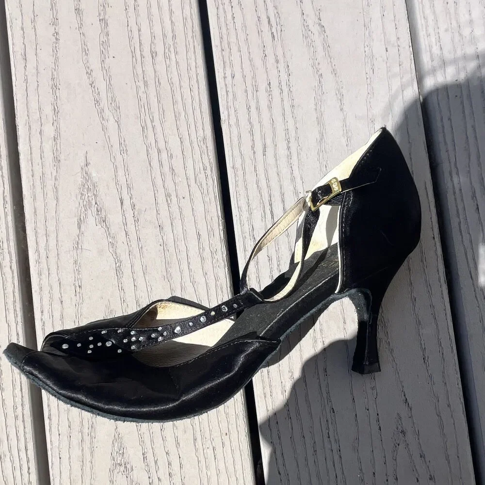 Jiajia Women’s Black Satin Ballroom Dance Shoes T-Strap Rhinestone Heels Size 10